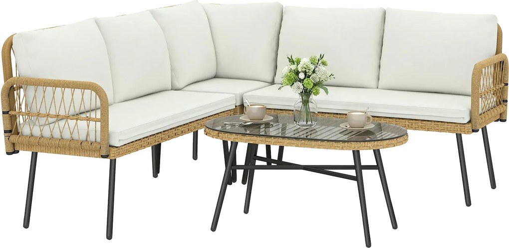 Outsunny 4 részes PE-rattán kültéri ülőgarnitúra — sarokkanapé, 2× kétszemélyes és üvegasztal, levehető párnahuzatok, 5 személy, krémfehér | Aosom