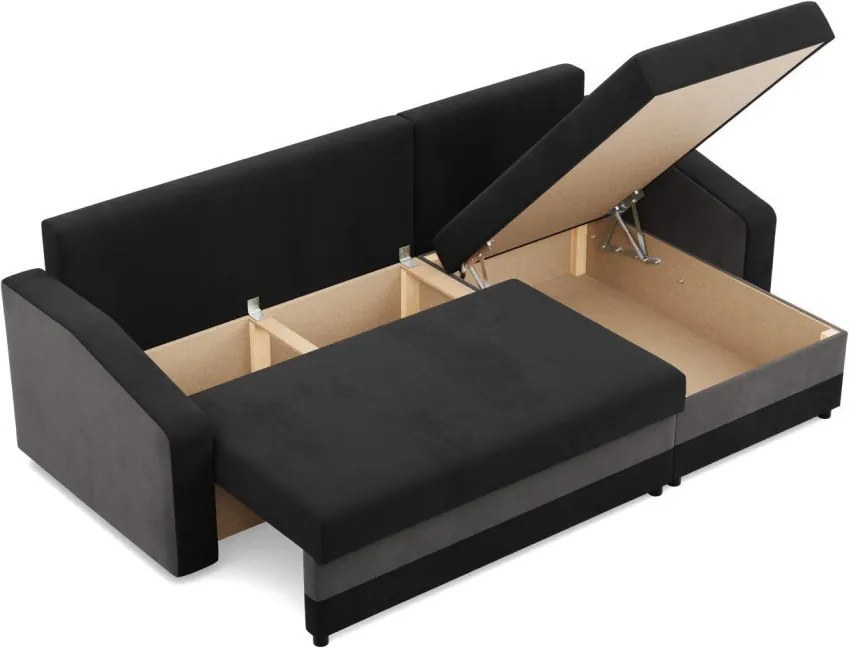 Hewlet sarokkanapé, 2 ágyneműtartóval, szövet anyag, univerzális oldal, bonell töltet, fekete - szürke