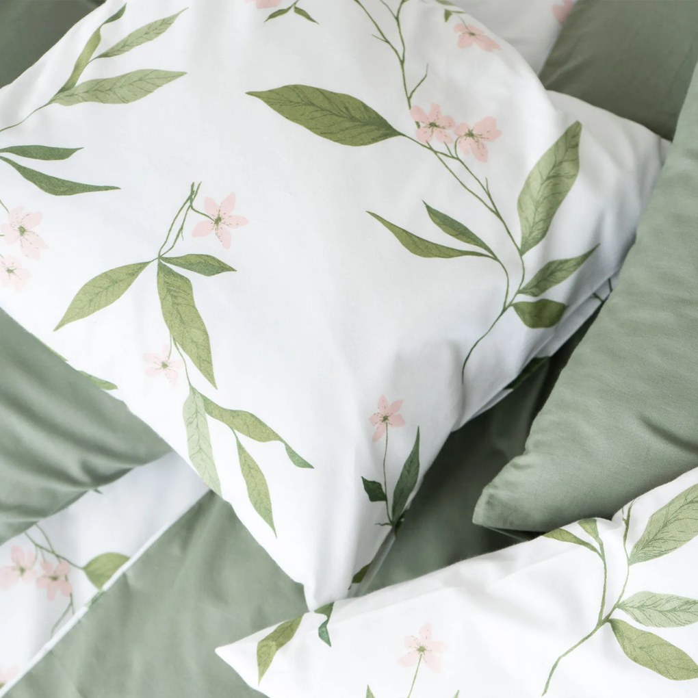Goldea pamut ágyneműhuzat duo - jázmin virágmintás, zsálya színű hátoldal 140 x 220 és 70 x 90 cm
