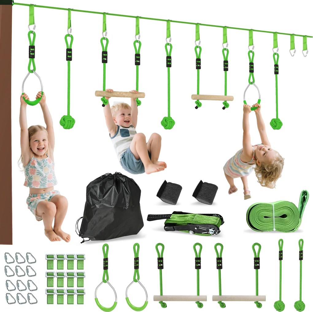 AIYAPLAY Gyermek Zip Line 10m Zip Line Készlet Gyermekeknek, Kültéri Slackline 2 Gyűrűvel, 2 Mászórúddal és 3 Forgószékkel, Kerti Zip Line Készlet | A