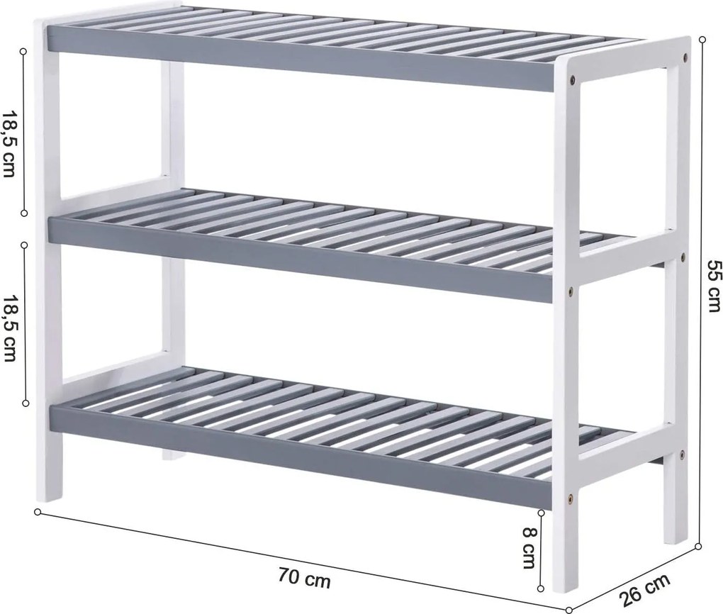 Bambusz cipőtartó, 3 szintes tárolópolc,  70 x 26 x 55 cm, fehér és szürke