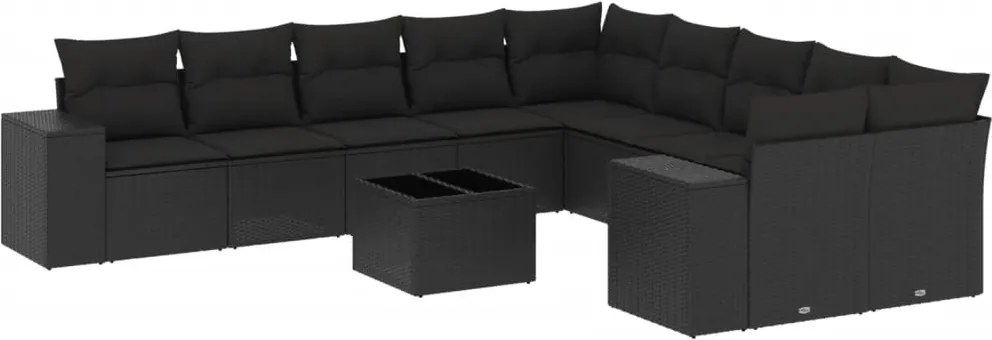 vidaXL 11 részes fekete polyrattan kerti ülőgarnitúra párnákkal