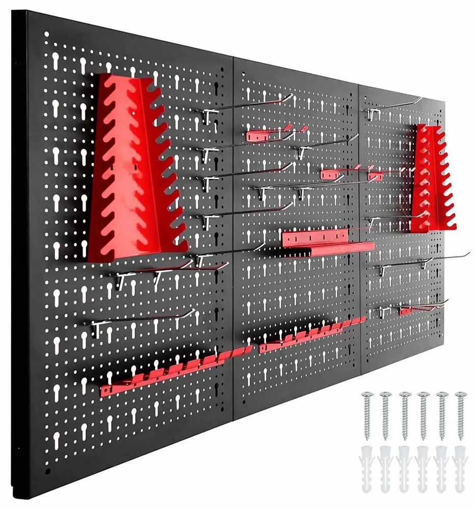 Fém, fali szerszámtartó panel kampókkal és tárolókkal