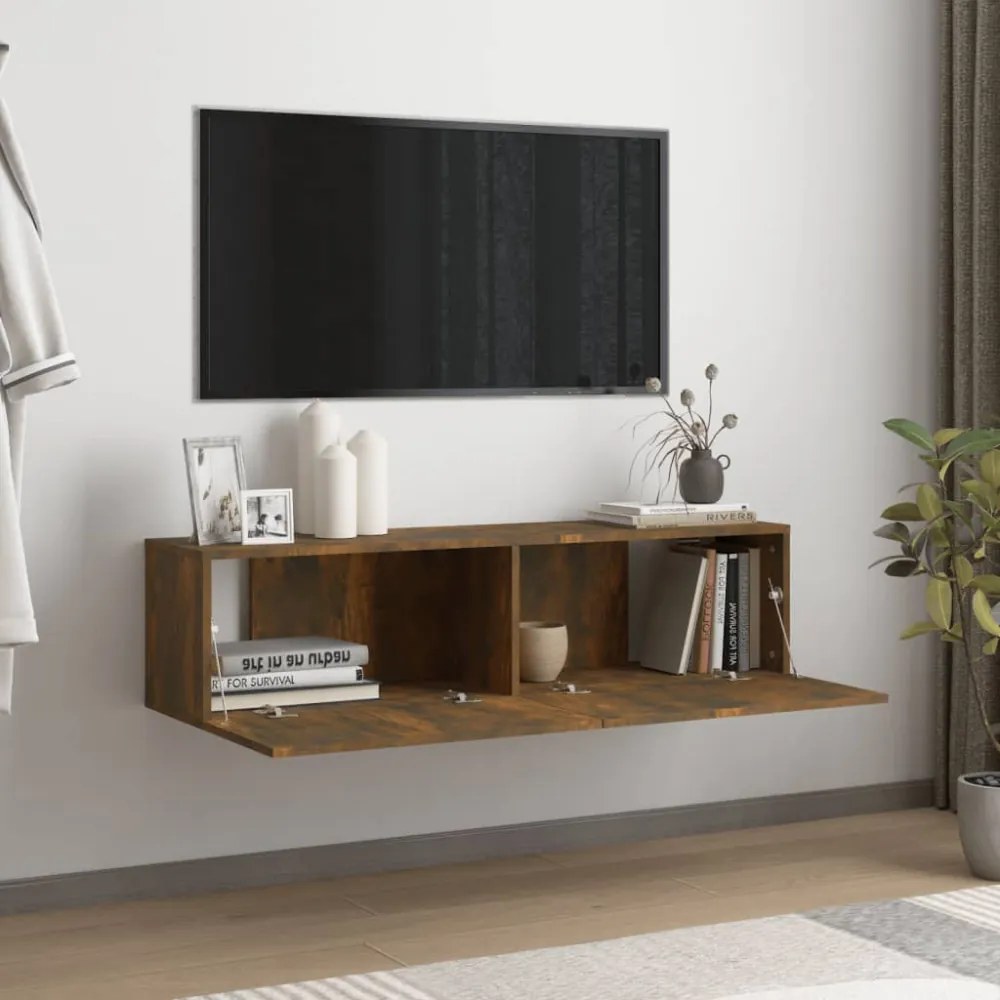 füstös tölgy színű szerelt fa fali TV-szekrény 120 x 30 x 30 cm