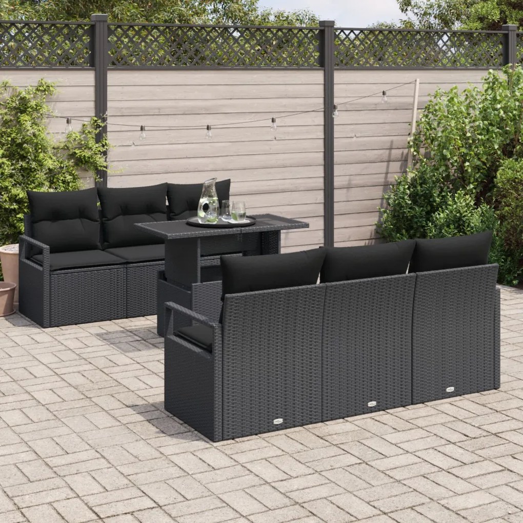 7 Darabos Kerti Kanapé Szett Párnákkal Fekete Polyrattan, 2 Fős Kerti Kanapé Tárolóval és Párnákkal Fekete Polyrattan