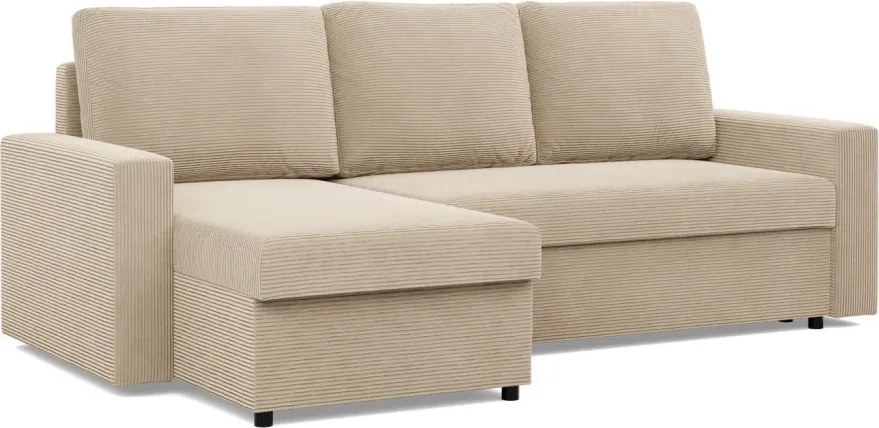 Zeus sarokkanapé, 2 ágyneműtartóval, egyenes kartámasz, kordbársony, univerzális oldal, bonell töltet, bézs