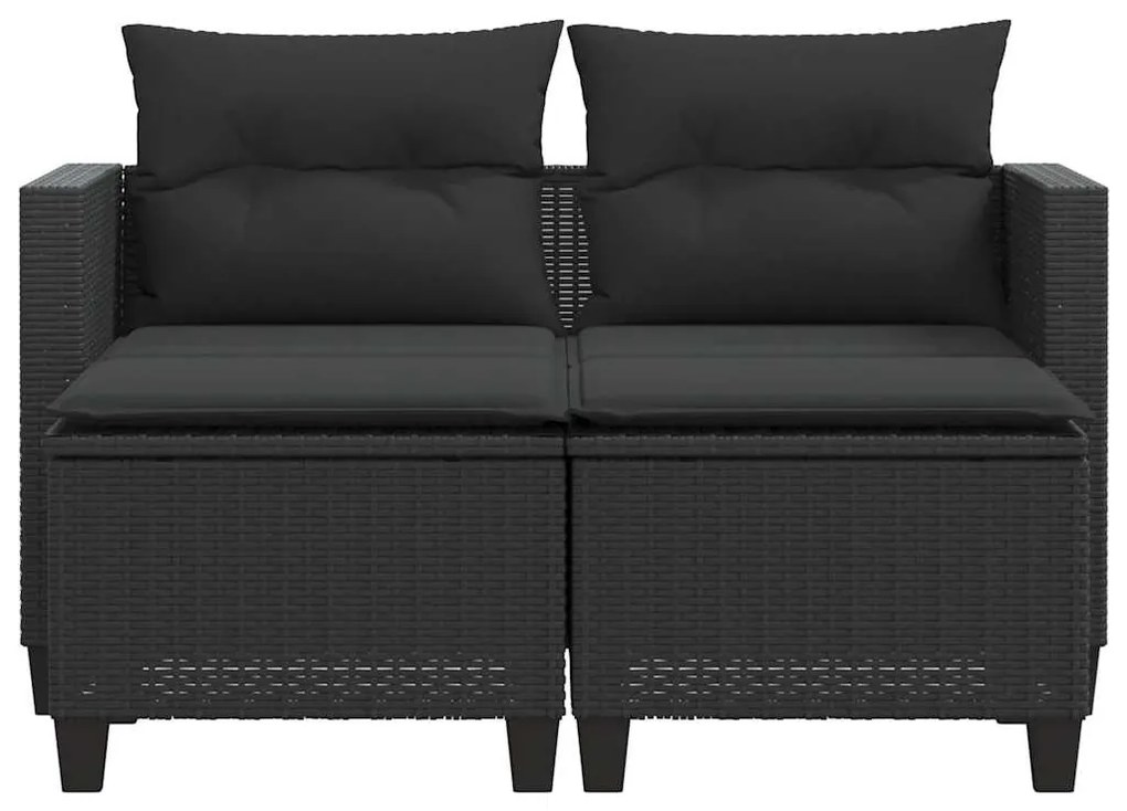 2 személyes fekete polyrattan kerti kanapé zsámollyal