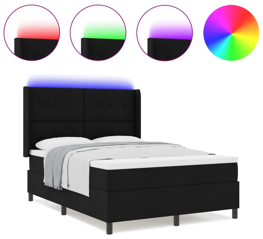 Boxspring Ágy Mattal és LED Fénnyel Fekete 140x200 cm Szövet