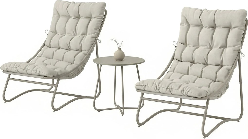 Outsunny 3 részes kültéri bistro szett párnákkal — 2 légáteresztő fotel és kerek kisasztal, porfestett horganyzott acél váz, világosszürke | Aosom