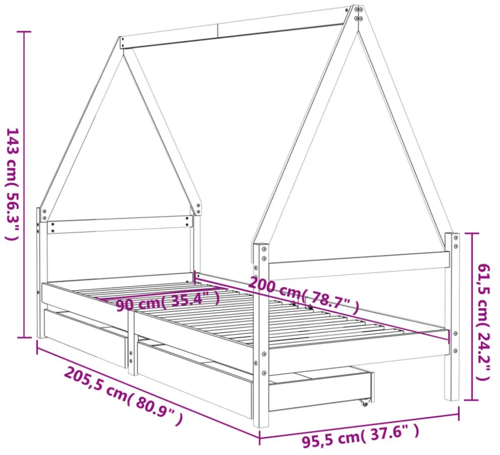 fekete tömör fenyőfa gyerekágykeret fiókokkal 90 x 200 cm