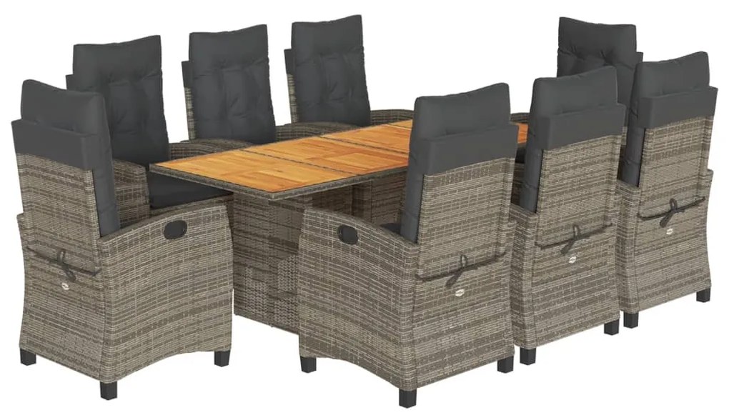 9 részes szürke polyrattan kerti étkezőgarnitúra párnával