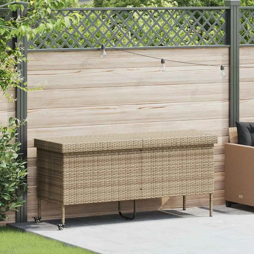 bézs polyrattan kerti tárolóláda kerekekkel 160x55x75 cm