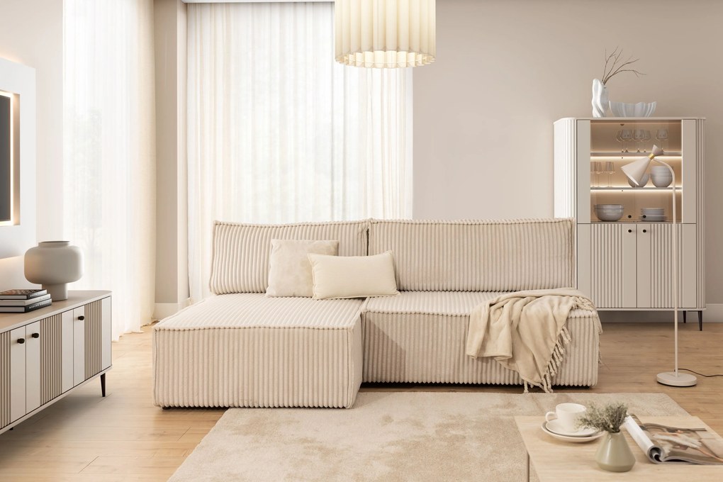 Solvero Mini bal oldali sarokkanapé ágyneműfunkcióval - világos bézs Tilia 01 plüss