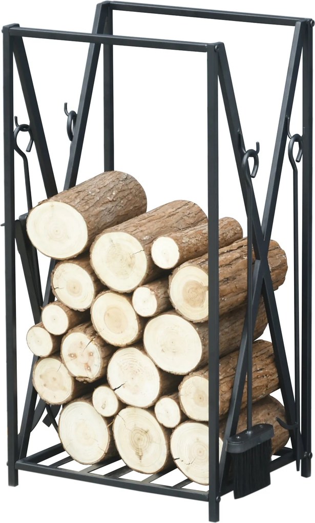 HOMCOM Kandalló Tűzifa Állvány 46x30x76 Keményfa Tartó 4 Eszközzel Acél Váz Stabil Terhelés 100 kg Kültéri és Belső Használatra Fekete | Aosom