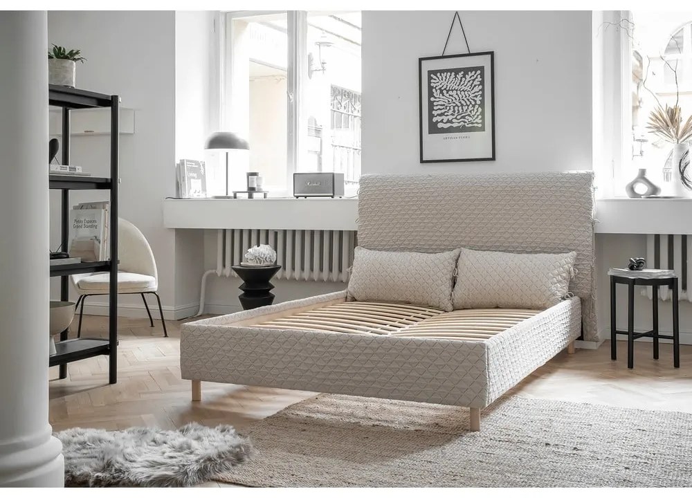 Bézs kárpitozott franciaágy ágyráccsal 180x200 cm Sleepy Luna – Miuform