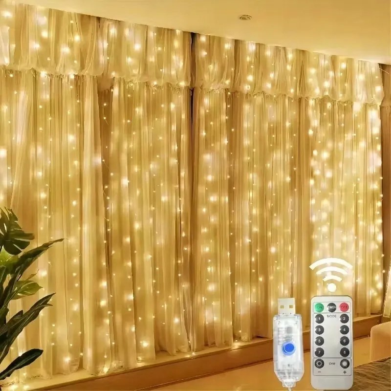 Fényfüggöny 3x3m vezetékes lámpa 300 mikroLED sárga Usb távirányító RS-1018WW