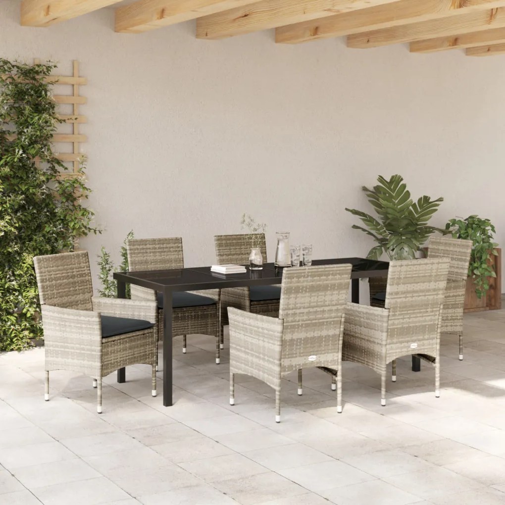 7 darabos kerti étkező szett párnákkal, világosszürke polirattan, kerti asztal fekete 200x80x73 cm edzett üveggel