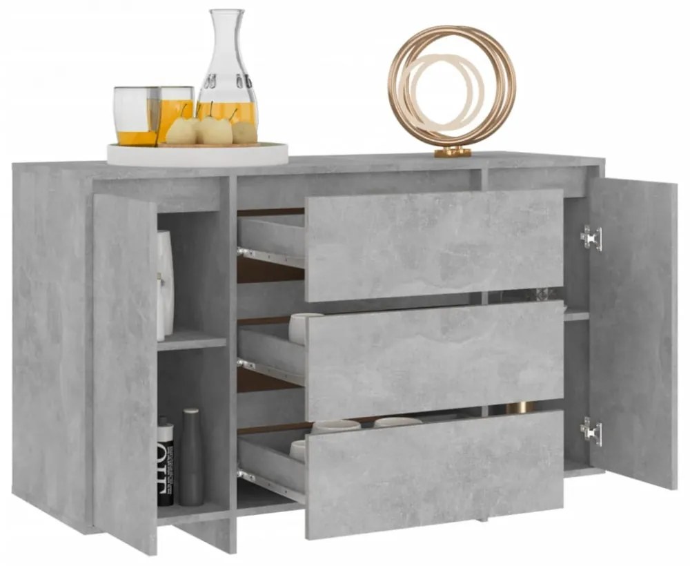 betonszürke szerelt fa tálalószekrény 3 fiókkal 120x41x75 cm