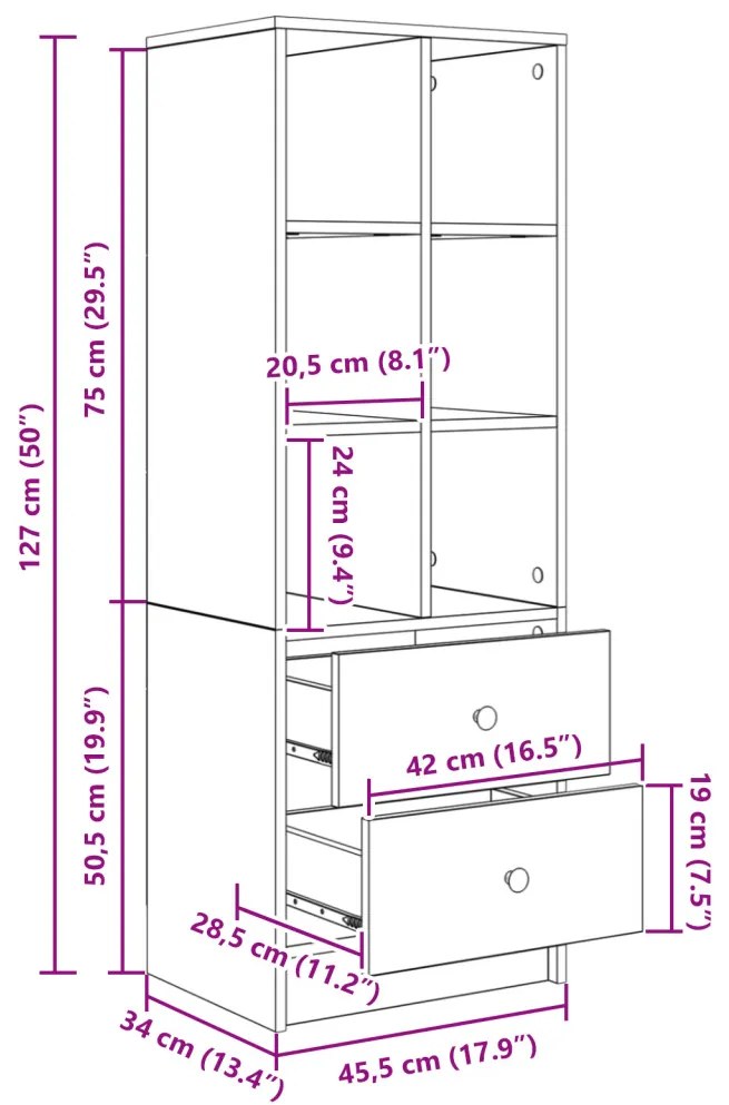 Magasfiú fiókkal Musta tammi 45.5 x 34 x 127 cm Faanyag