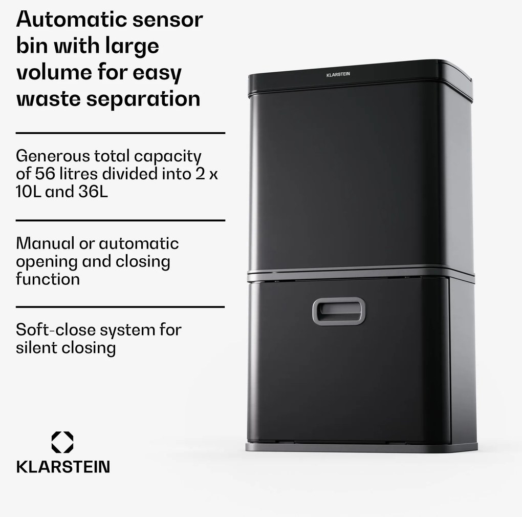 Klarstein Touchless, szenzoros szemétkosár, 56 l, rozsdamentes acélból, 3 kosár, Soft-Close záródás, elemmel működő, LED kijelző, időzítő