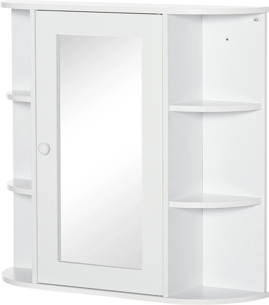 HOMCOM Fürdőszobai Tükörszekrény, Tükörajtós Fürdőszobai Szekrény, Fali Szekrény Nyitott Polcokkal, Fehér, 66 x 17 x 63 cm | Aosom
