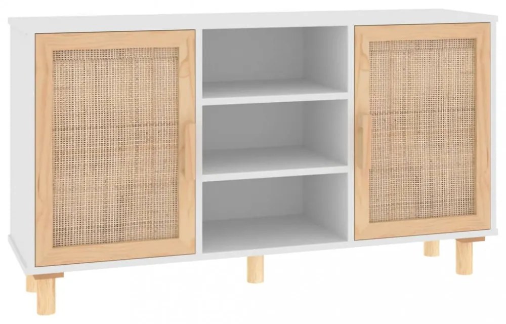 fehér tömör fenyő/természetes rattan tálalószekrény 105x30x60cm