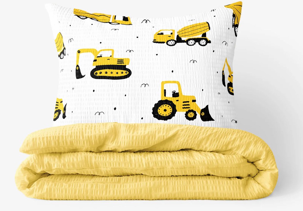 Goldea gyermek krepp ágyneműhuzat duo - kotrógépek és építkezési eszközök, sárga hátoldal 150 x 200 és 50 x 60 cm