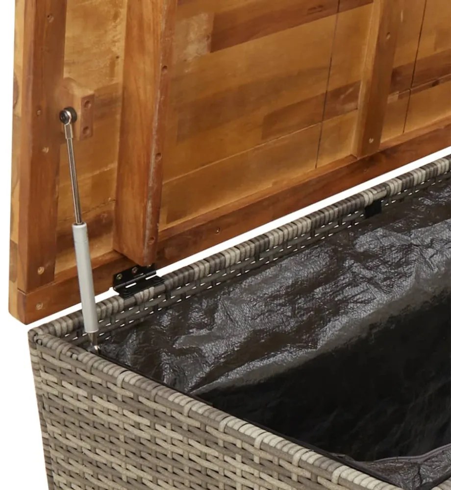 szürke polyrattan és akácfa kerti tárolóláda 110 x 55 x 63 cm