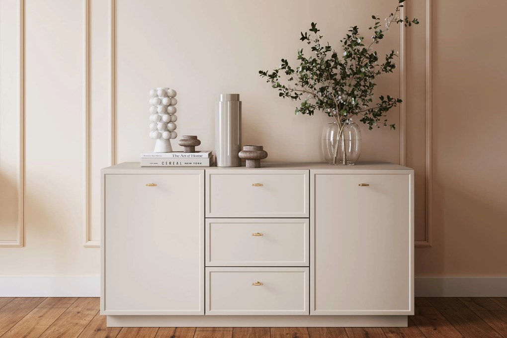 Lorini komód 150 cm fiókokkal - kasmír / arany T-bar fogantyúk