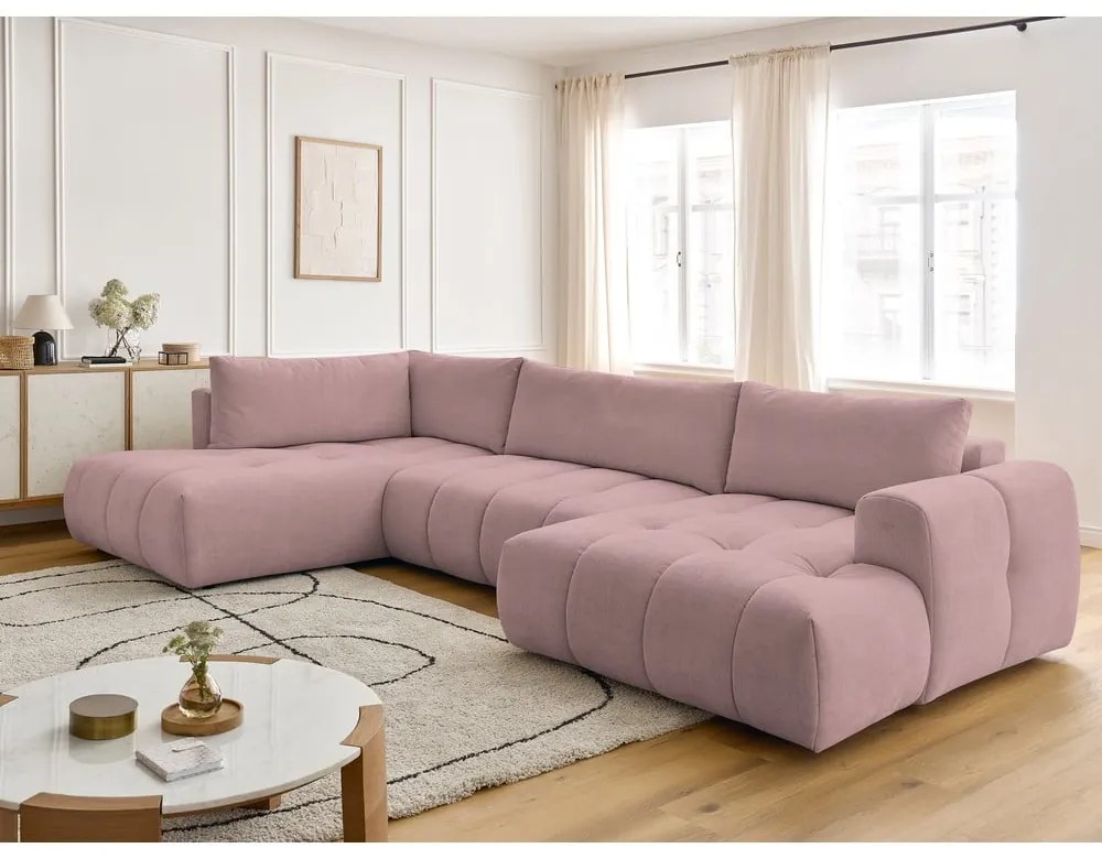 Rózsaszín kinyitható-tárolóhelyes sarokkanapé (bal oldali-U alakú) Fuji – Bobochic Paris