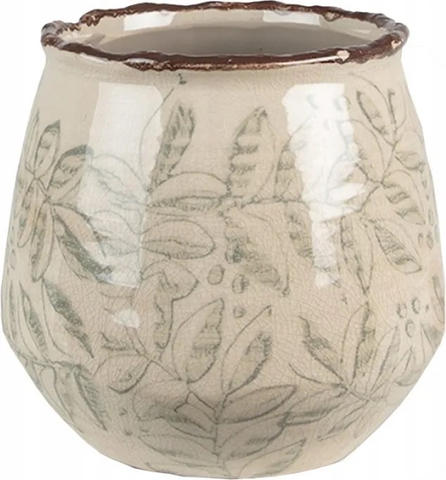 Bézs kerámia virágtartó fedél zöld levél kontúrral és állítható