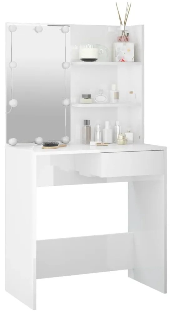 magasfényű fehér fésülködőasztal LED-del 74,5x40x141 cm