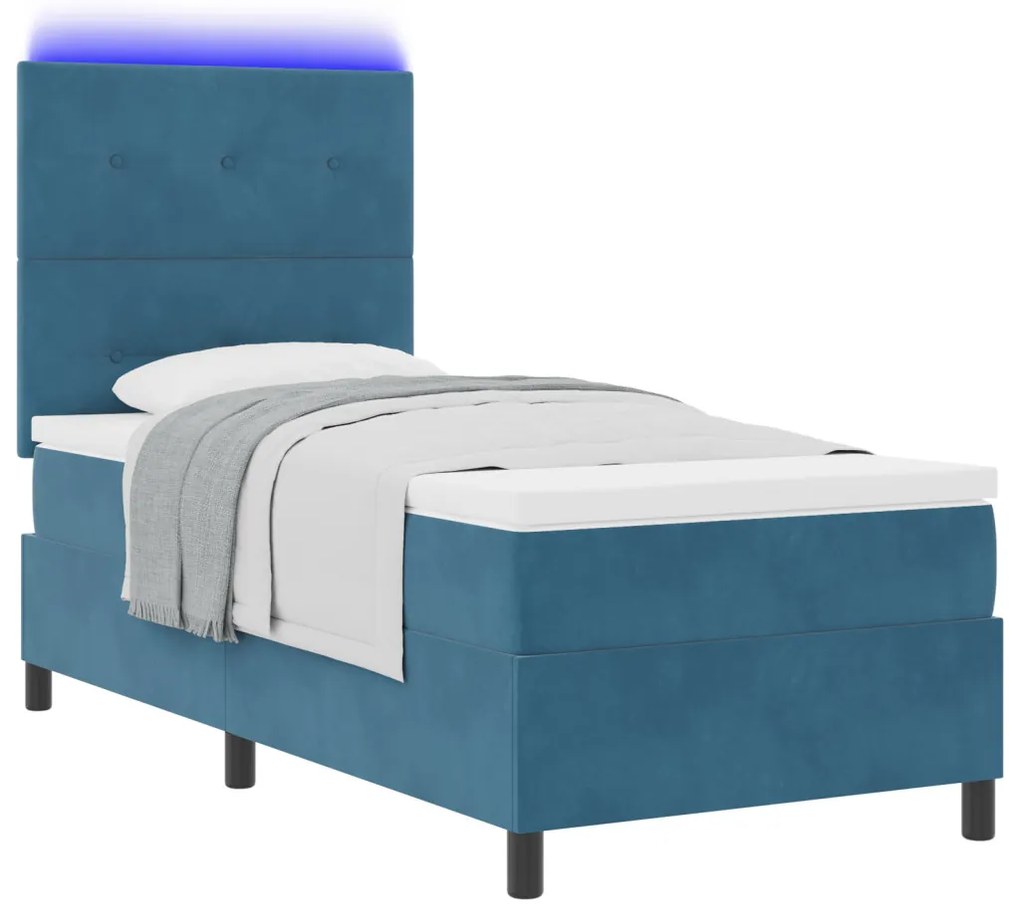 Ágykeret Matrac és LED Fekete Kék 90x190 cm Bársony