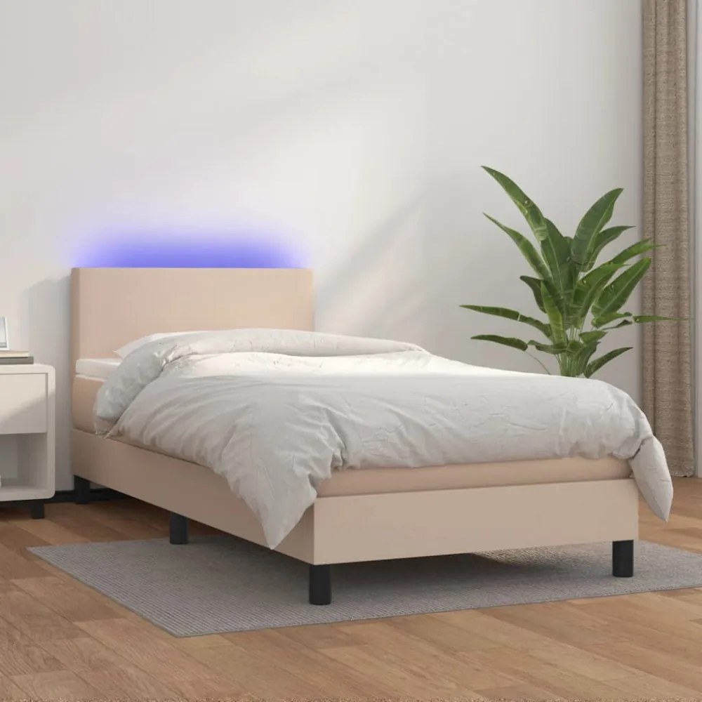 cappuccino színű műbőr rugós ágy matraccal és LED-del 90x200 cm