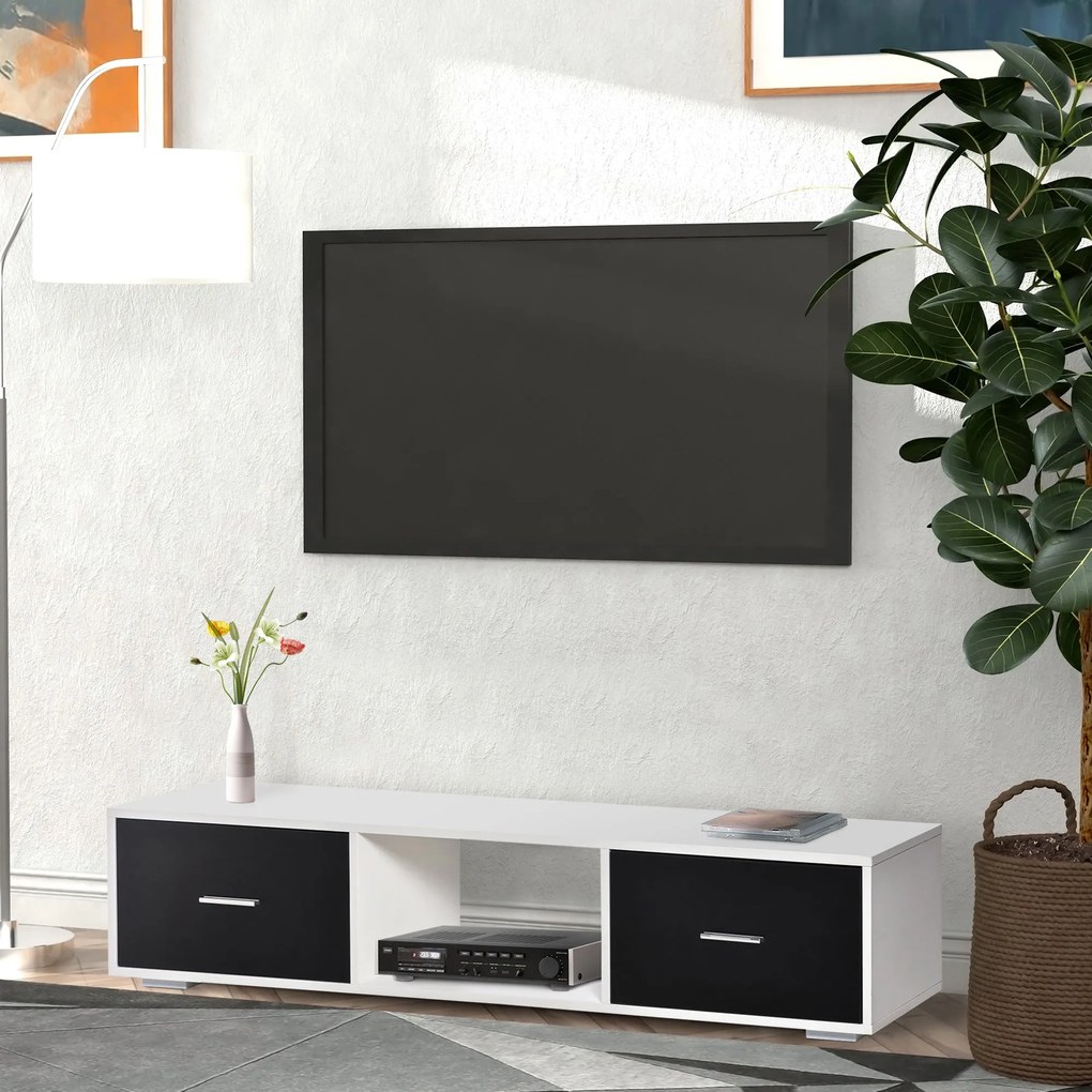 HOMCOM TV állvány 60"-ig Modern stílusú nappali TV asztal 2 fiókkal és nyitott rekesszel 140x30x32 cm Fehér és fekete | Aosom