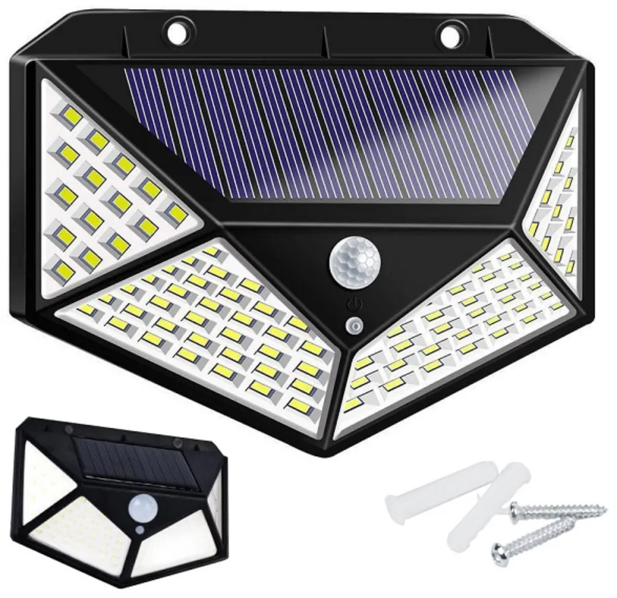 100 LED-es mozgásérzékelős, napelemes LED lámpa, rögzítőkkel, VG