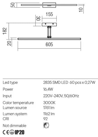 Redo 01-3463 - LED Képmegvilágító LINEAR LED/8W/230V 60,5 cm CRI 92 fekete