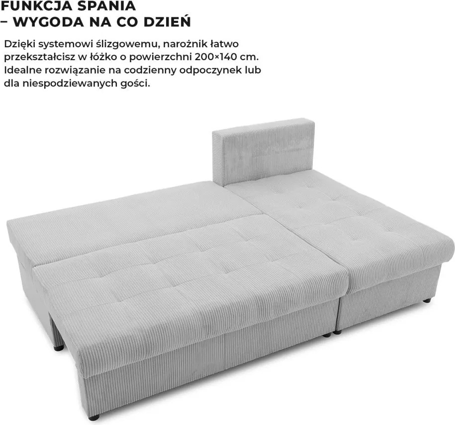 Venezia sarokkanapé, 3 ágyneműtartóval, kordbársony, univerzális oldal, hab töltet, szürke