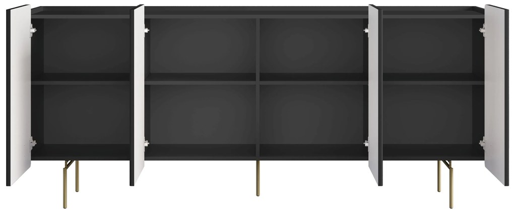 Malmi négyajtós komód 200 cm - matt fekete / arany lábak