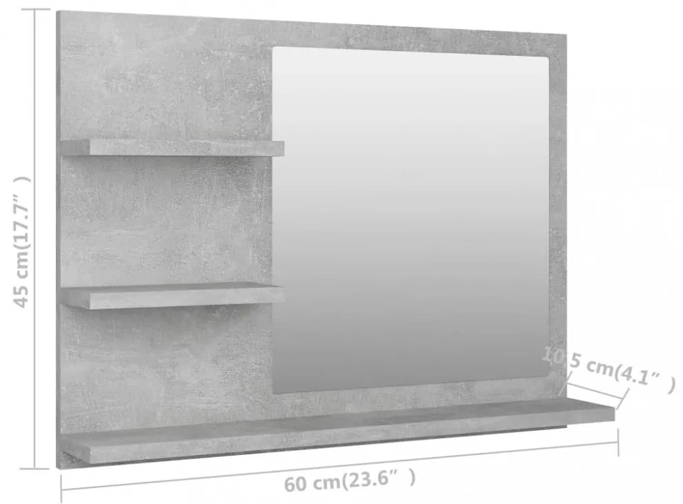 betonszürke szerelt fa fürdőszobai tükör 60 x 10,5 x 45 cm