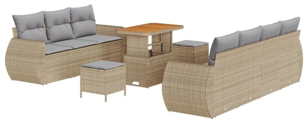 10 Darabos Kert Sofa Szett Párnákkal Bézs Műrattan Akácia, 3 Darabos Kert Étkező Szett Párnákkal Bézs Műrattan Akácia