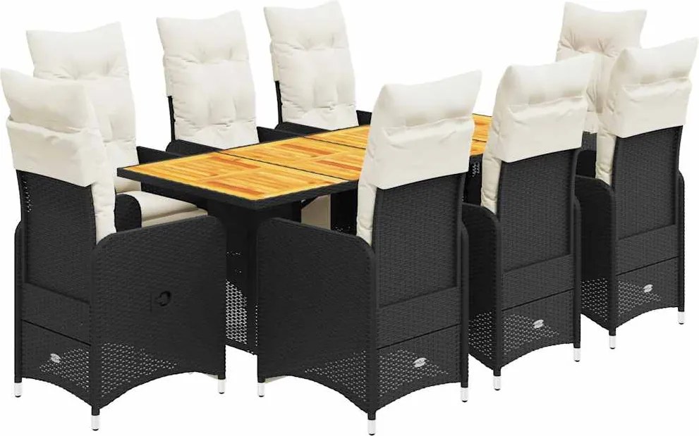 vidaXL 9 részes fekete polyrattan kerti bisztrógarnitúra párnákkal