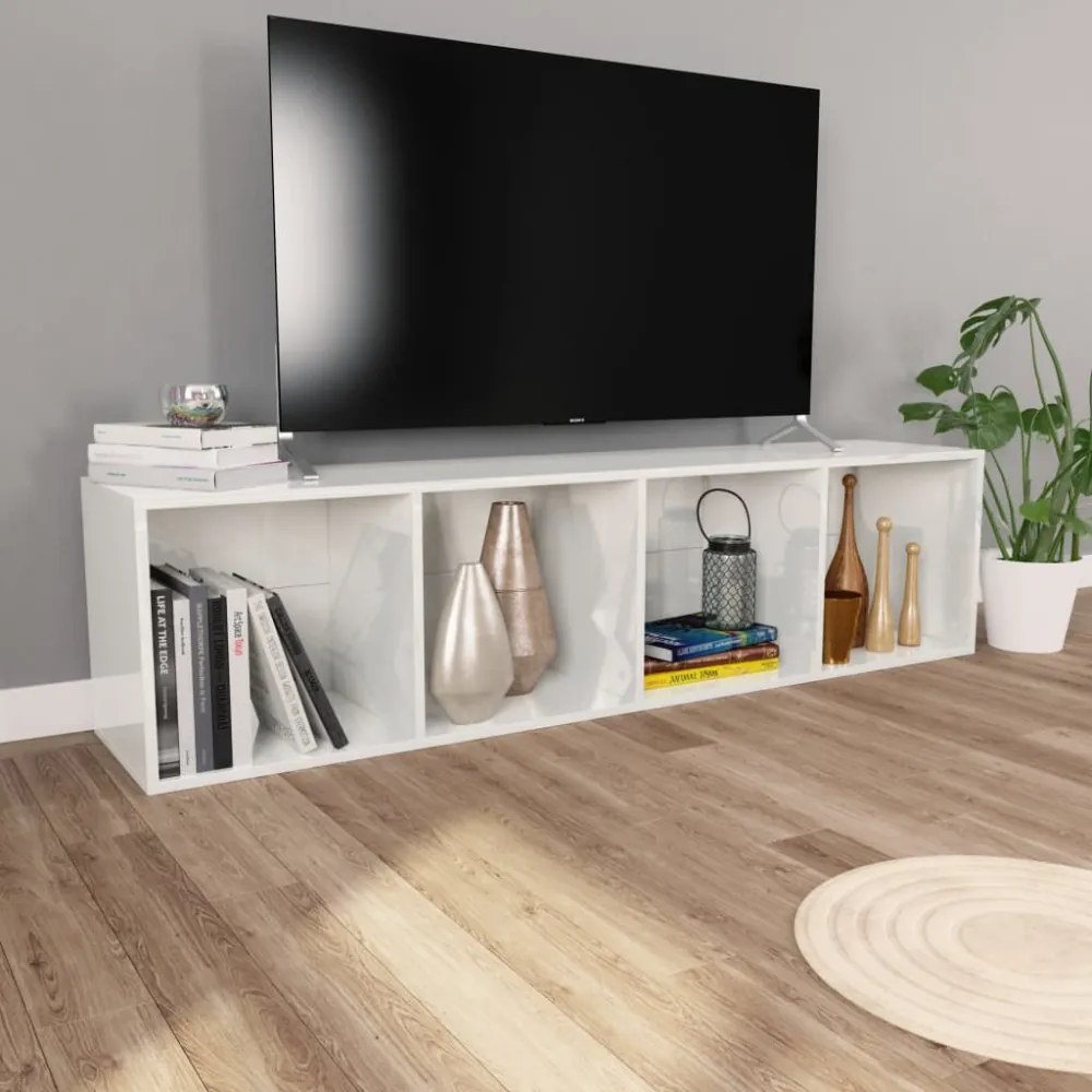magasfényű fehér szerelt fa könyv-/TV-szekrény 36 x 30 x 143 cm