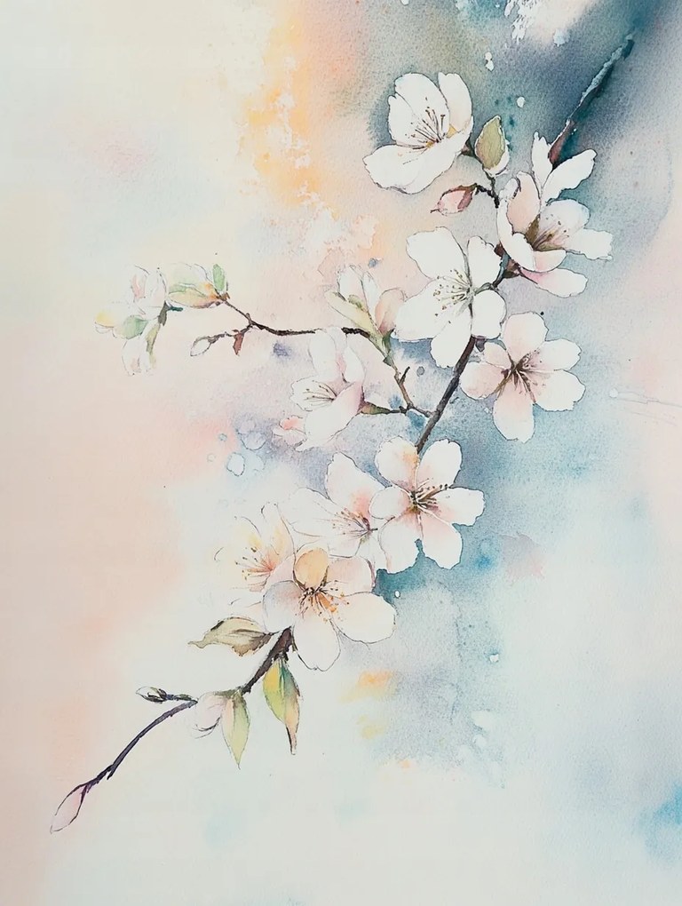 Vászonkép Canvas Akvarell Természet Fa Ág Cseresznye Virágok 60x80