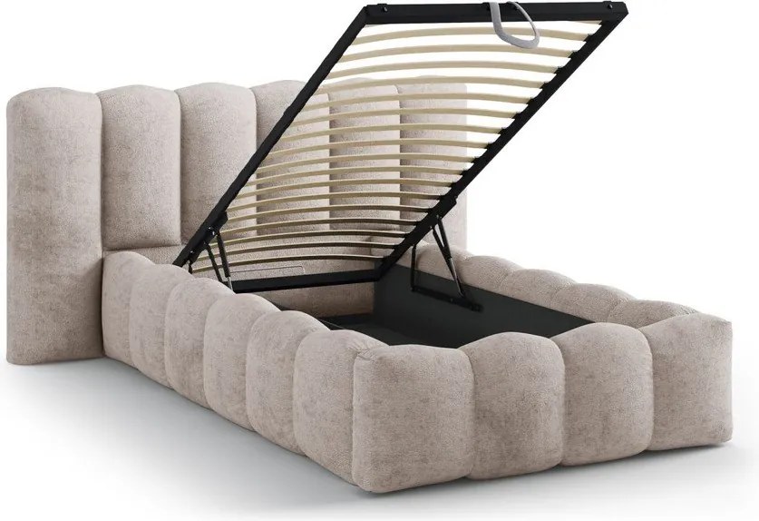 Világosbarna kárpitozott ágyneműtartós egyszemélyes ágy ágyráccsal 90x200 cm Lupine – Micadoni