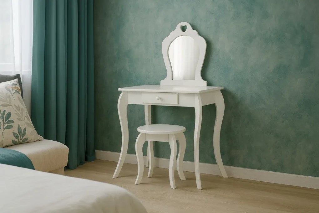 Kis fehér fésülködőasztal tükörrel és ülőkével 65 x 39,5 x 108 cm