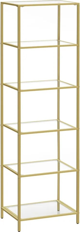 Fém tároló állvány üvegpolcokkal, 6 szintes, arany 40x30x177cm