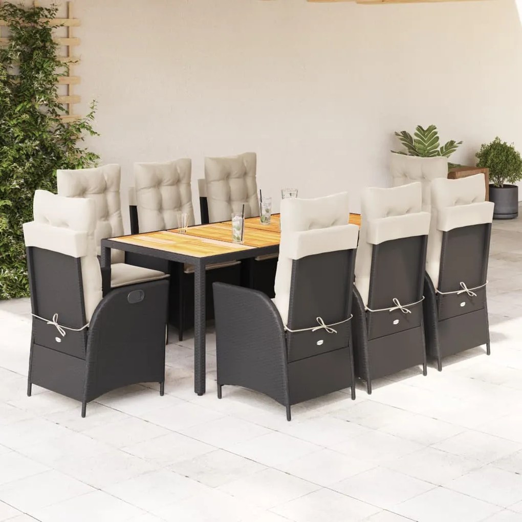 9 részes fekete polyrattan kerti étkezőgarnitúra párnákkal