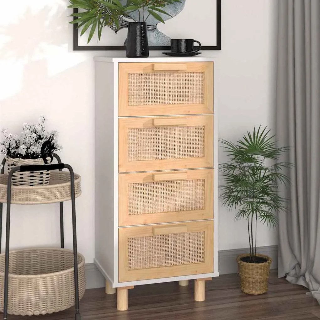 fehér tömör fenyő/természetes rattan tálalószekrény 40x30x90 cm