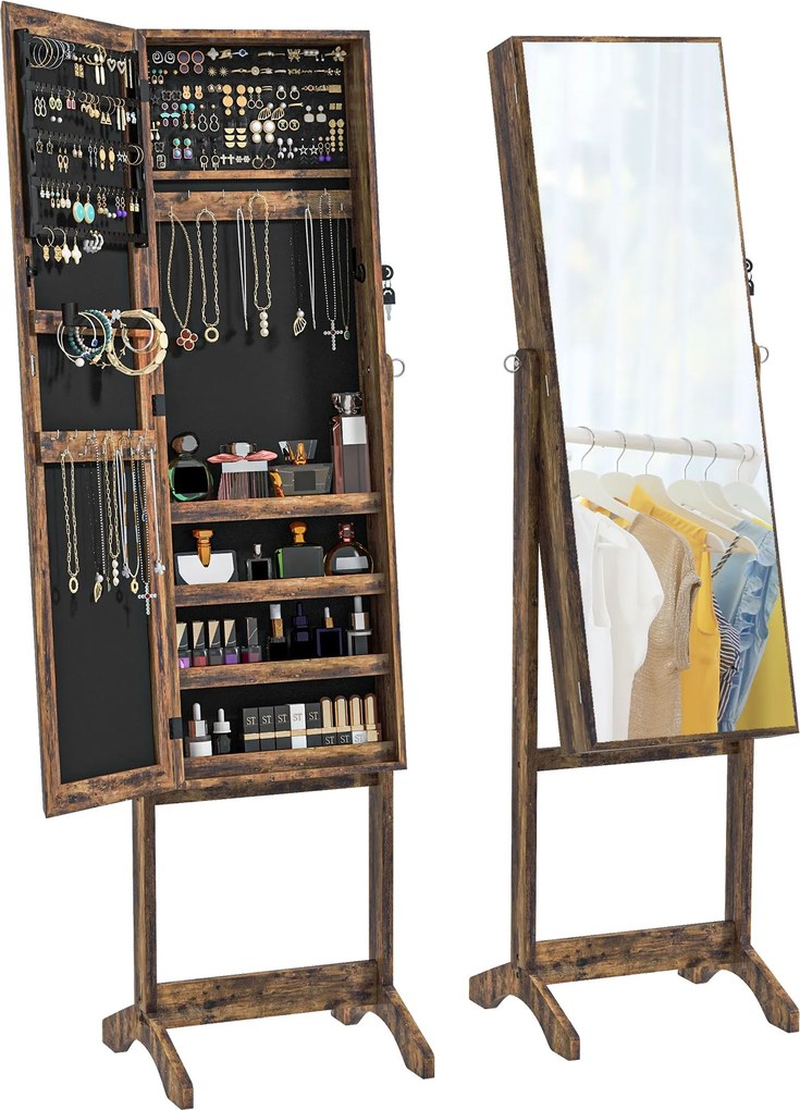 HOMCOM Teljes Hosszúságú Tükör ÉkszerSzéf 3 Állítható Szöggel, Magnéziumzáras Ékszer Szervező, Polcokkal Fülbevalóknak, Gyűrűknek és Nyakláncoknak 46x